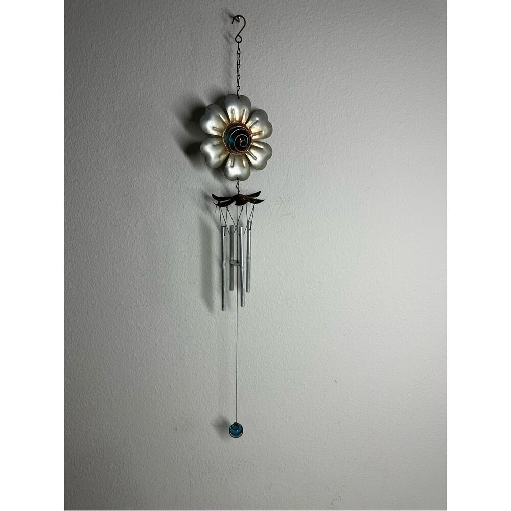 Vintage Silver Tone Elephant Wind Chimes Baby Blue Flower See Description